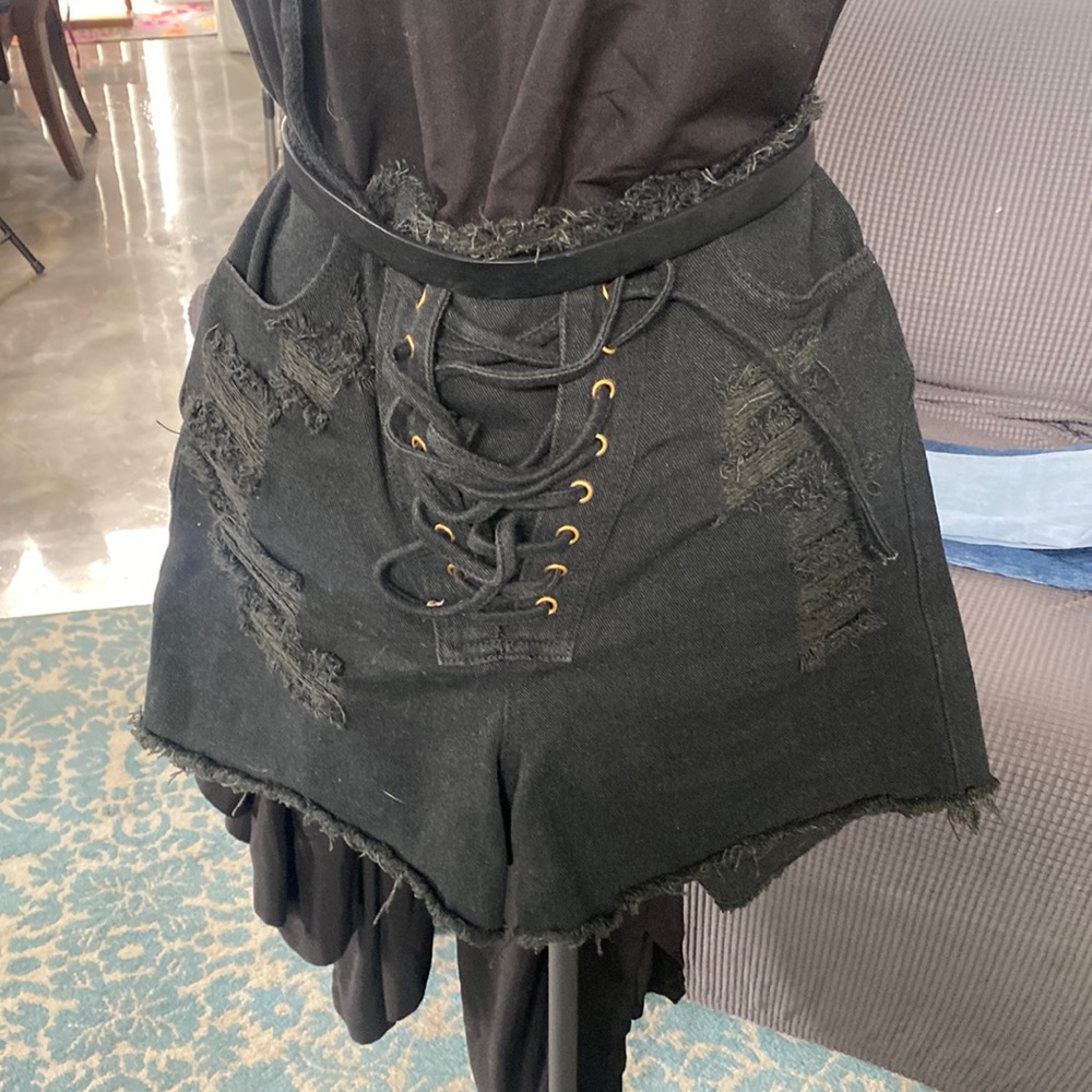Black lace up jean shorts